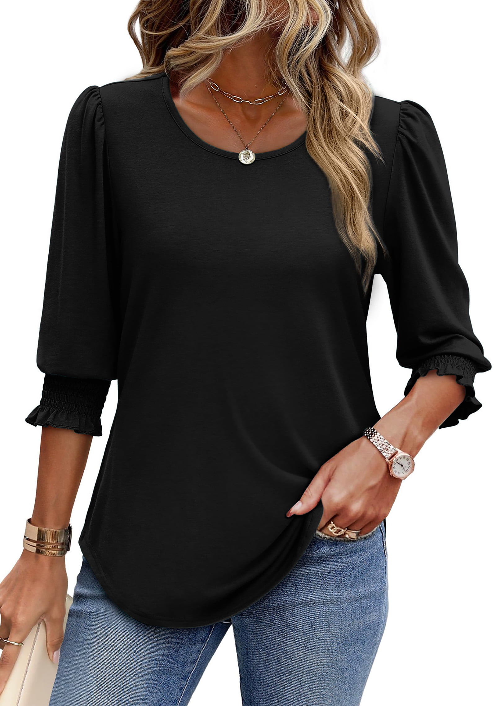 Fantaslook Blouses for Women Dressy Casual 3/4 Length Sleeve Womens Tops with Smocked Cuffs Fashion Shirts