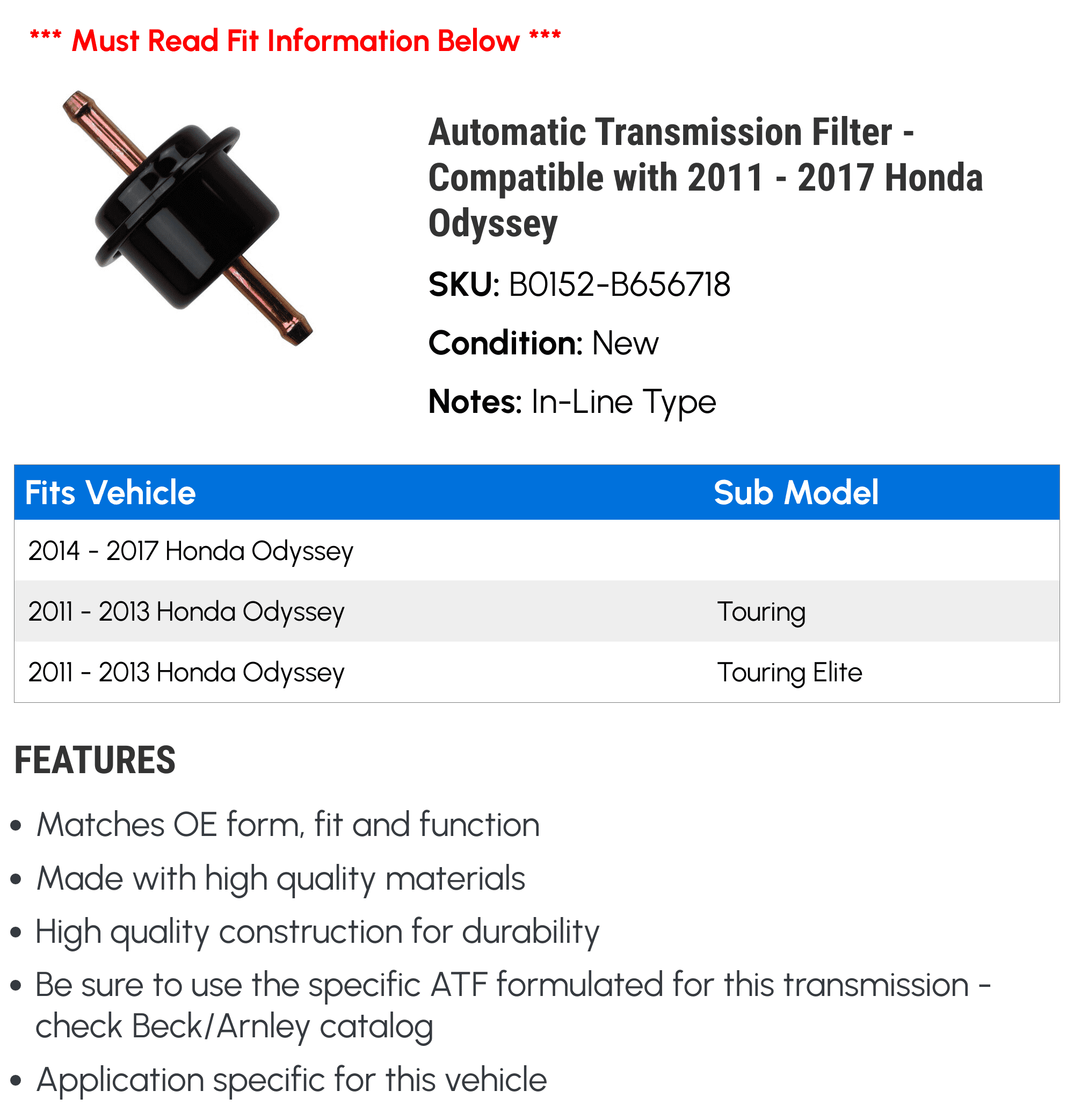 Automatic Transmission Filter - Compatible with 2011 - 2017 Honda Odyssey - Beck Arnley