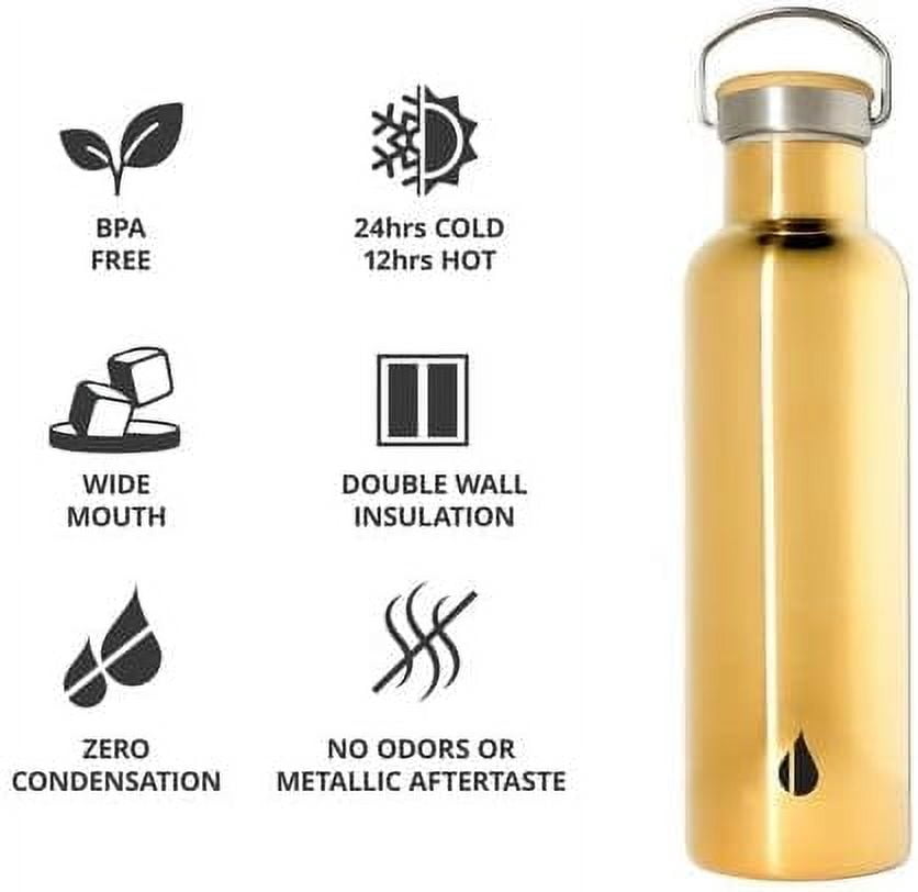 Elemental Classic Stainless Steel Water Bottle - 25oz Leak Proof Double Wall Insulated Water Bottle for Travel, Gym, Sports and Hydration - Thermos Water Bottles with Bamboo Lid - Gold