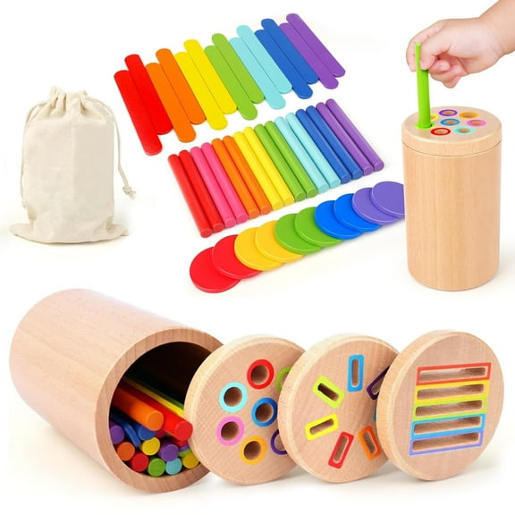 Wooden Montessori Baby Toddler Toys: 3 in 1 Learning Fine Motor Skills Toys, Educational Color Sorting Sensory Toys for 1-3 Toddlers, Boys Girls Toys Gifts