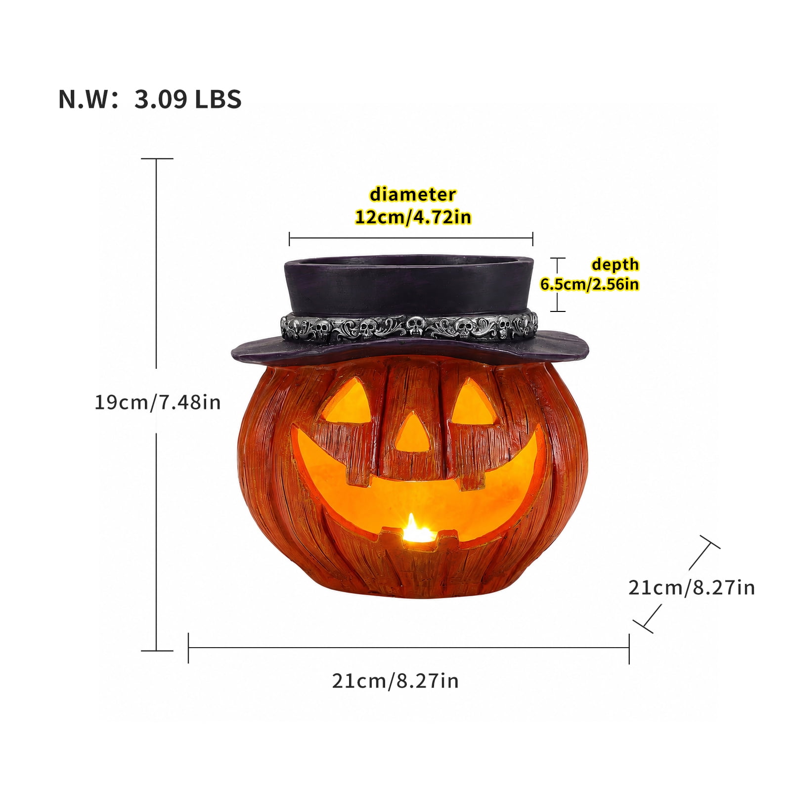 Halloween Pumpkin Candy Bowl with Witch Hat and LED Light, Jack O Lantern Storage Bowl and Tabletop Decor for Home Party, Yellow and Black