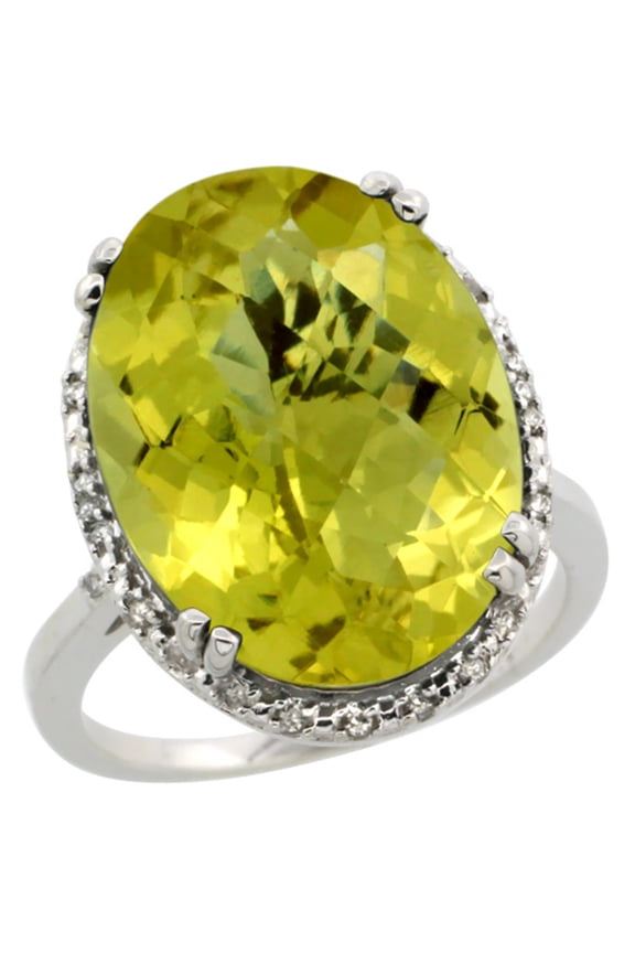 14K White Gold Natural Lemon Quartz Ring Large Oval 18x13mm Diamond Halo, size 5.5