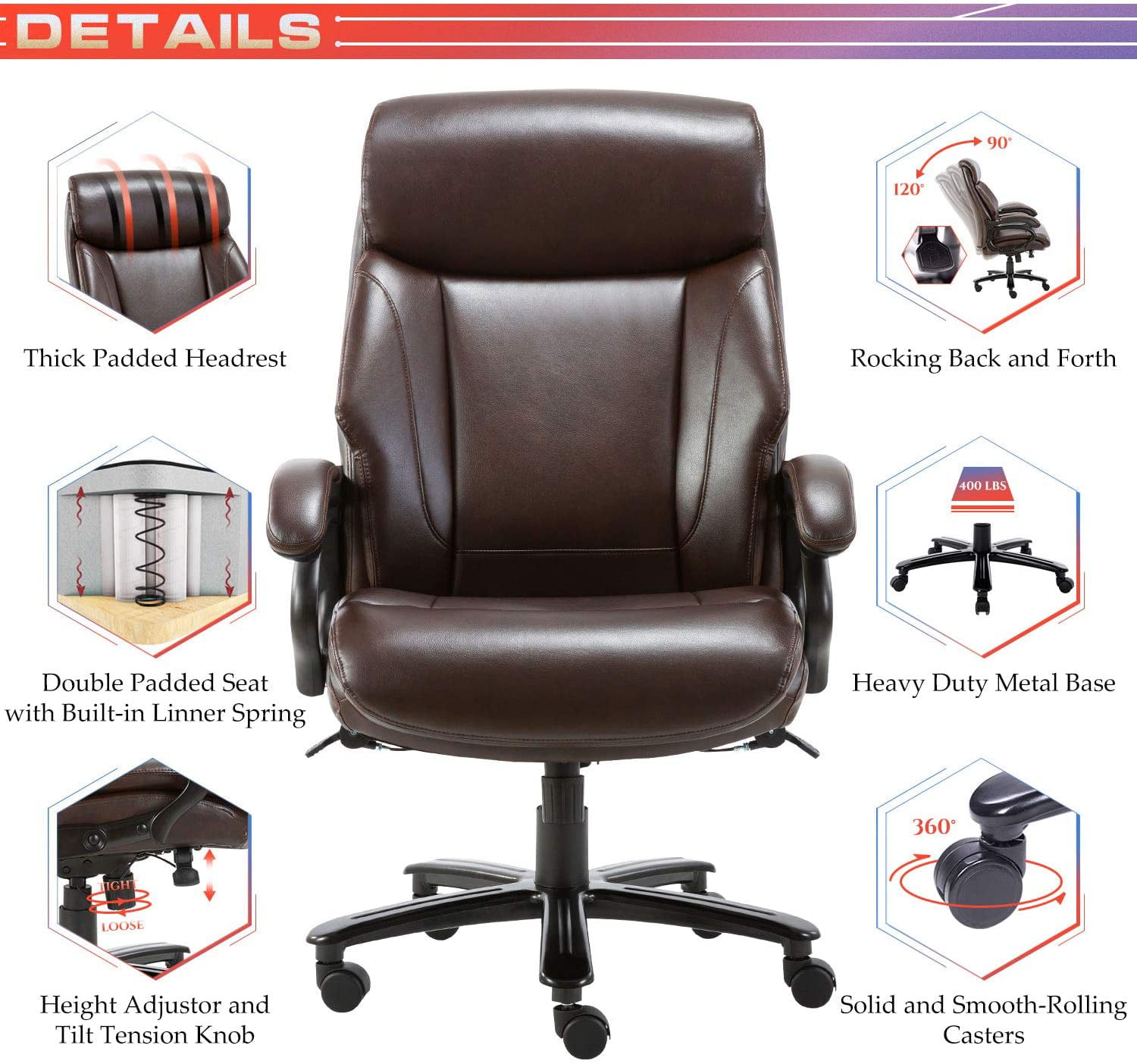 Executive Desk Office Computer Chair Leather Rolling High Back Heavy Duty Brown 