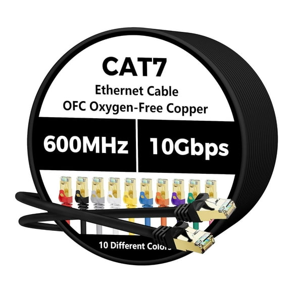 shiyou-Cat 7 Ethernet Cable 0.6 FT, 10Gbps High Speed Internet Cord, SFTP Shielded, OFC Pure Copper, CAT7 RJ45 LAN Network Cable Compatible with PC, Laptop, PS5, Xbox Modem, Router, PoE, Black Cable