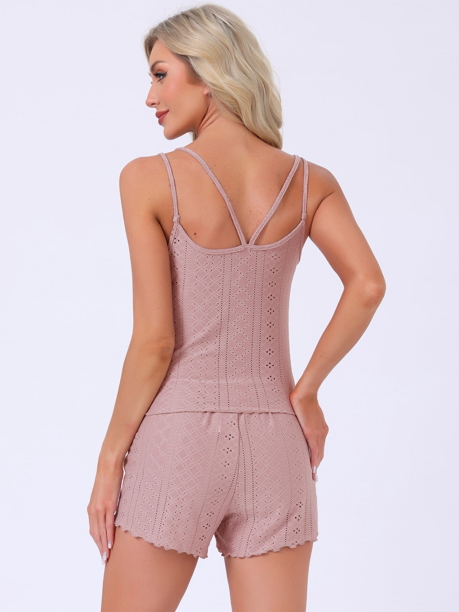 DARING DIVA Women's Pointelle Pajama Sleepwear Camisole Tops with Shorts Set S Light Coffee