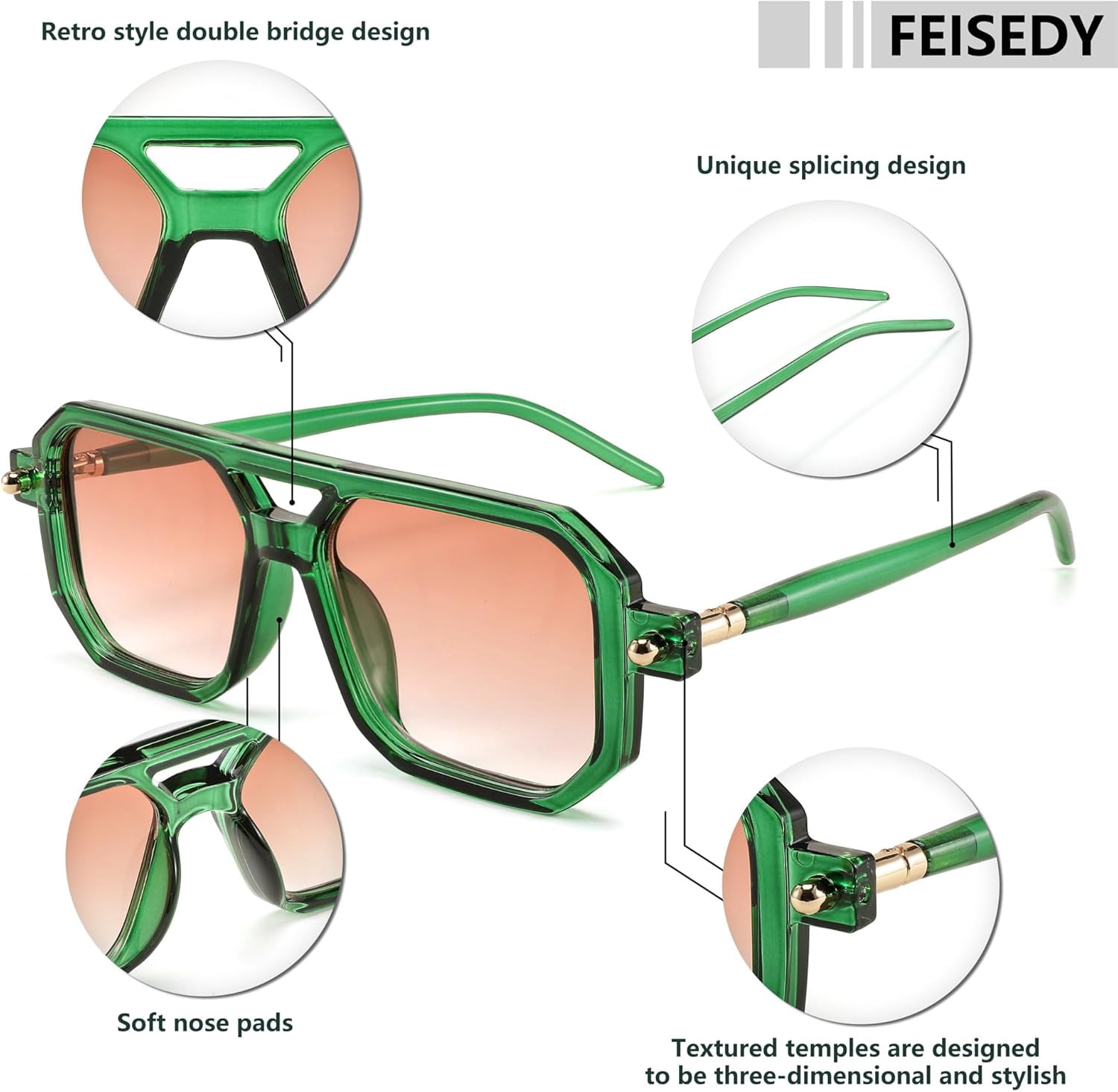 FEISEDY Vintage Square 70s Flat Aviator Sunglasses Women Men Classic Retro Stylish Frame UV400 Sunglasses B2622