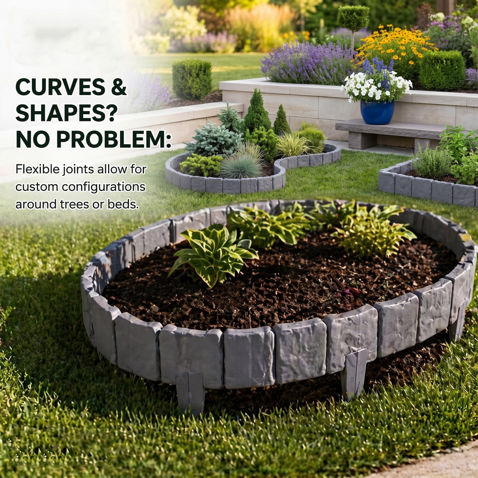 Faux Stone Landscape Edging, No-Dig Plastic Garden Border Fence, Interlocking Lawn Edging for Flower Beds & Pathways