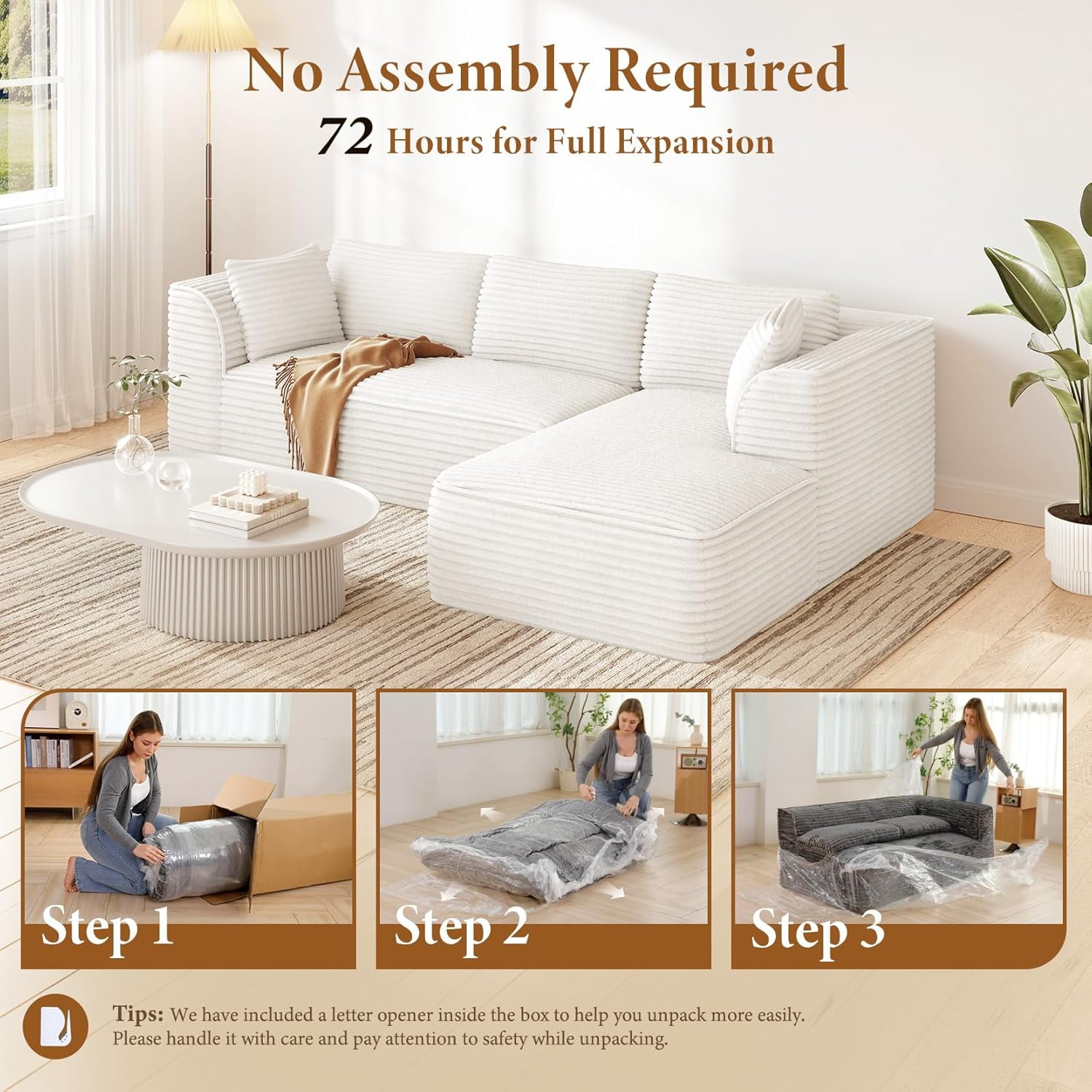 Neche 106" Modular Sectional Sofa with Chaise, Deep Seat Comfy Cloud Couch Corduroy L Shaped Sofa Sectional Couches for Living Room Bedroom, No Assembly Required (Beige, Right-Facing Chaise)