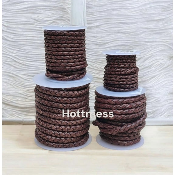 Hottmess Bolo Braided Antique Brown Leather Cord, 4 mm, 5 Yards