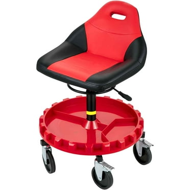 BENTISM Rolling Garage Stool, 300lbs Capacity, Adjustable Height from 18 in to 23 in, Mechanic Seat with 360-degree Swivel Wheels and Tool Tray, for Workshop, Auto Repair Shop, Red