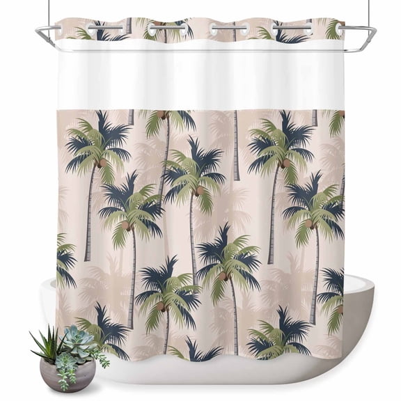 No Hook Shower Curtain with Built-in Rings - Green Tropical Coconut Tree Washable Waterproof Fabric Bathroom Curtains for Hotel,Rentals, 72 X 72 Inch Long , Summer Beach Palm Tree Beige