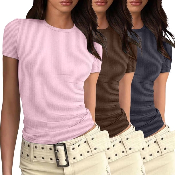 Camiseta básica de manga corta ajustada para mujer: camiseta de poliéster ajustada, top informal de verano, tallas S-XXL, estampado floral, apta para múltiples ocasiones