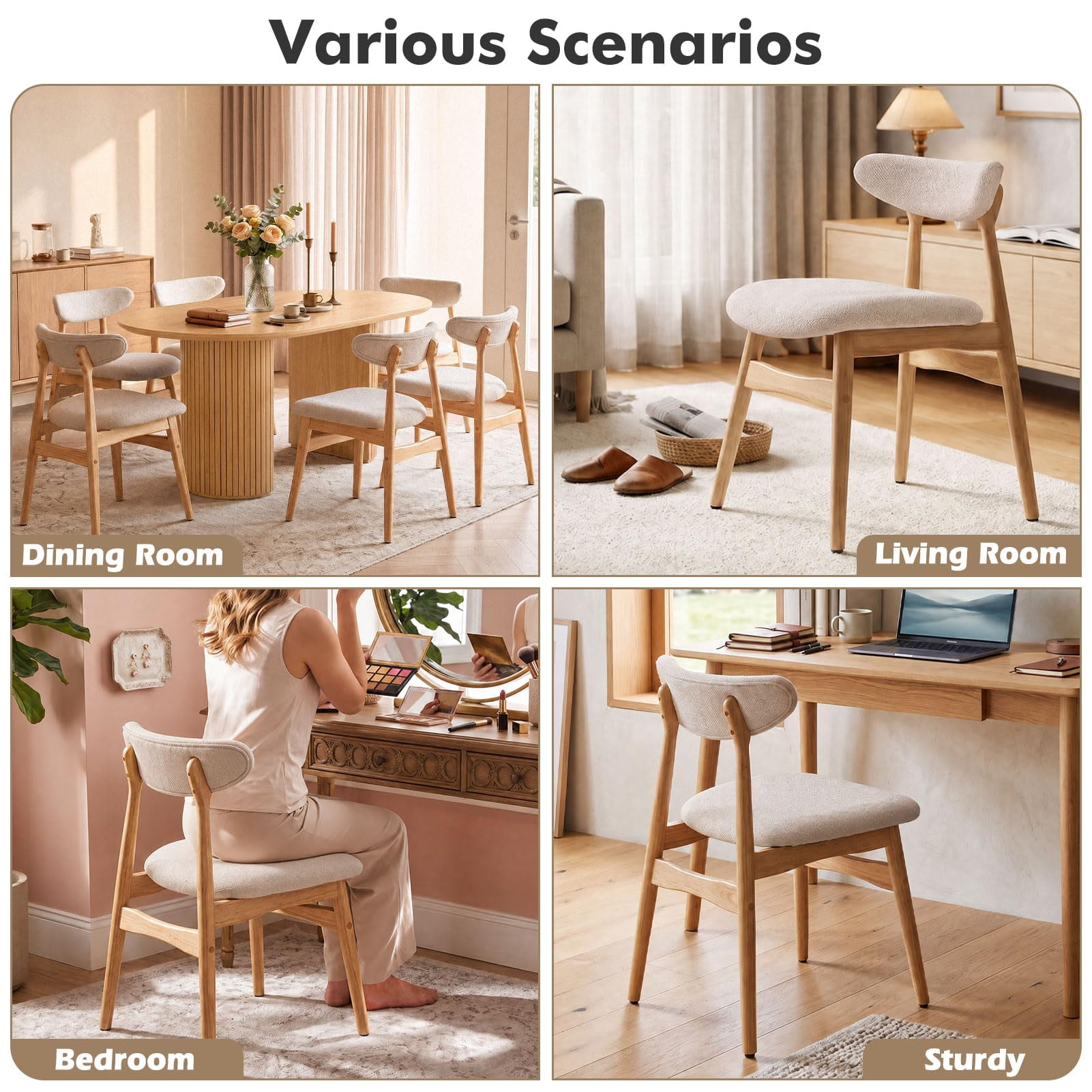 Upholstered Dining Chairs Set of 2, Lumbar-Ergonomic Backrest Chairs with Adjustable Foot Pads