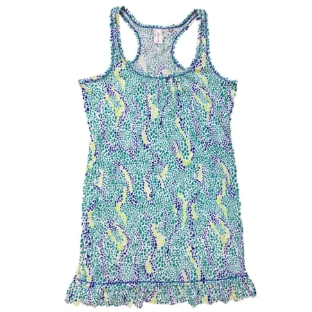 Womens Blue & Green Mosaic Polka Dot Tank Top Nightgown Ruffled Sleep Shirt 3X