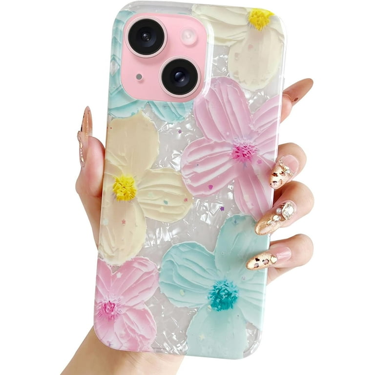 for iPhone 15 Plus Case Women Trendy Girly Aesthetic Cute Floral Flowers Luxury Sparkle Silicone with Charms Phone Strap Lanyard Oil Painting Shockproof Protective Cases Glitter