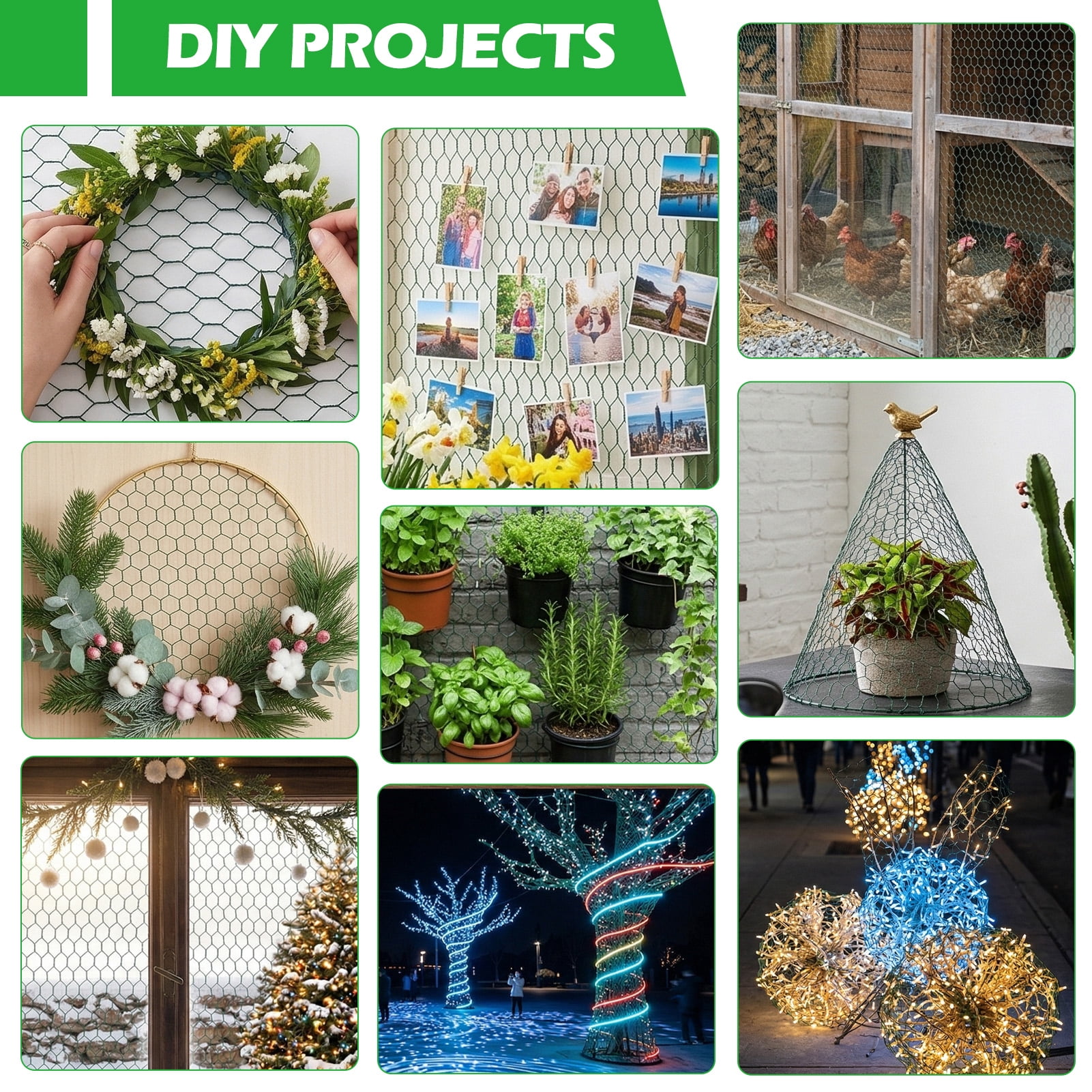 topjuju Chicken Wire Fencing Set , 15 x 394 Inches Green Chicken Wire Mesh with 50 Twist Ties, Pliers and Gloves, 0.6 Inch Hexagonal Galvanized PVC Coated Netting Fence for Crafts, Poultry, Garden