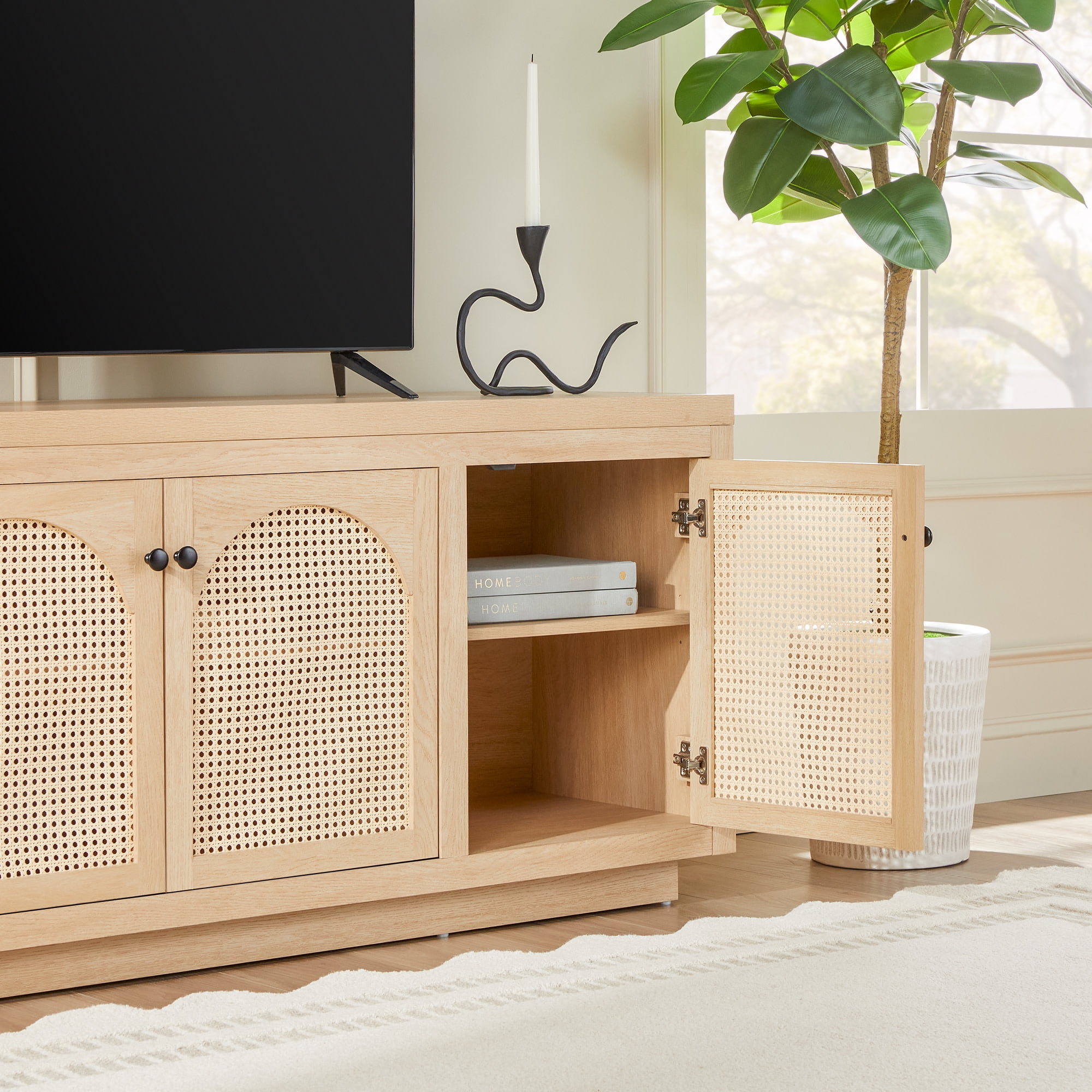 Contemporary TV Stand and Sideboard with Rattan Doors for up to 80" TV Coastal Oak