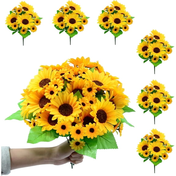 6 Pack Artificial Sunflowers with Stems, Fake Silk Sunflowers Artificial Flowers Each with 10 Sunflower Heads(4 Big 6 Small )for or Vase Wedding Table Home Porch Indoor Outdoor Cemetery Decoration