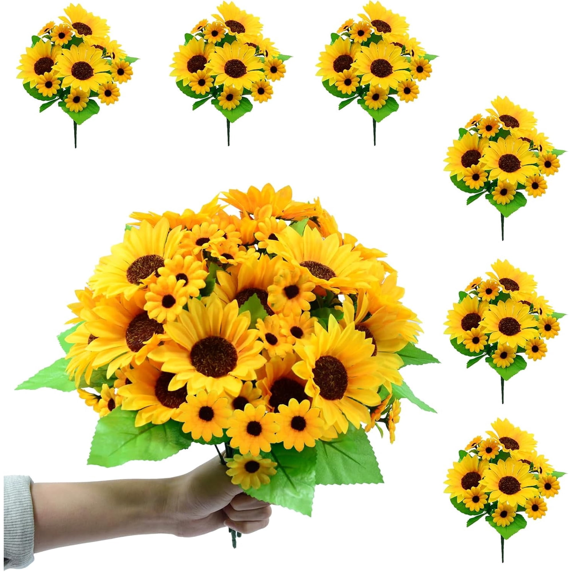 6 Pack Artificial Sunflowers with Stems, Fake Silk Sunflowers Artificial Flowers Each with 10 Sunflower Heads（4 Big 6 Small ）for or Vase Wedding Table Home Porch Indoor Outdoor Cemetery Decoration