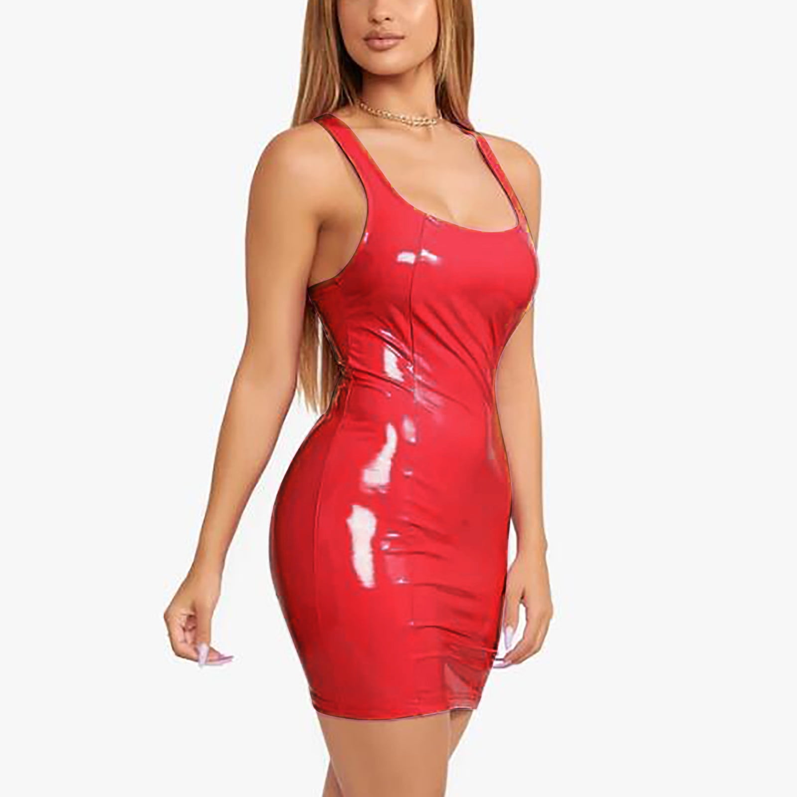 GYUJNB Women's PU Leather Scoop Neck Midi Tank Dress Bodycon Stretchy  Sleeveless Club Outfits ,Red