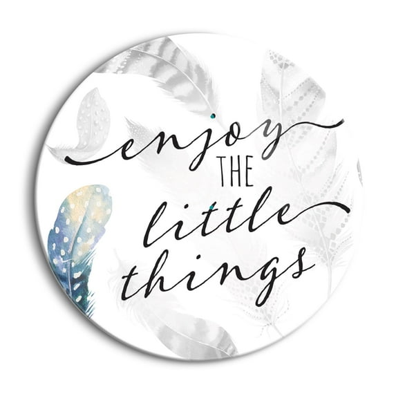 Enjoy Little Things Soft White Feathers 24 inch Glass Round Wall Hanging Sign