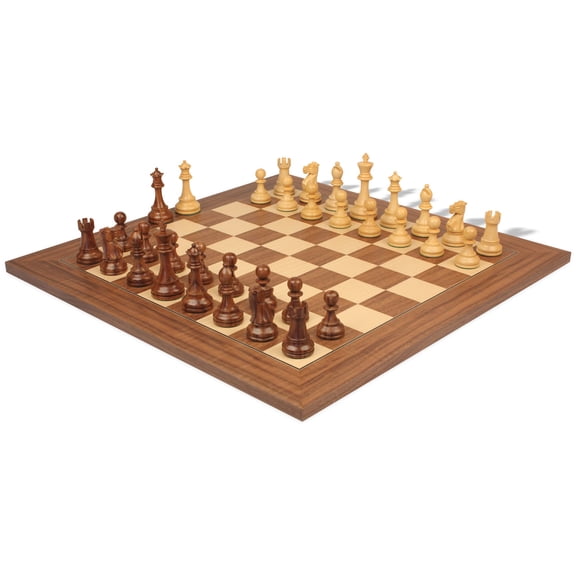 British Staunton Chess Set Acacia & Boxwood Pieces with Deluxe Walnut & Maple Board - 4" King