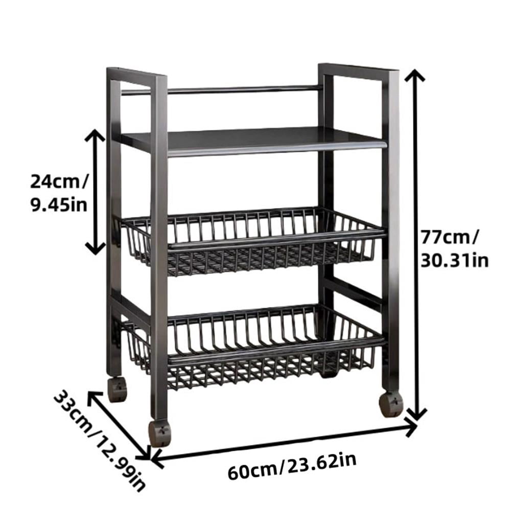 WOWDVOV 3-Tier Kitchen Storage Shelves, Metal Shelf, Adjustable Storage Shelf with Wheels, 23.62"x30.31"x12.99" Living Room Shelf, Kitchen Shelf with 2 Baskets, Black