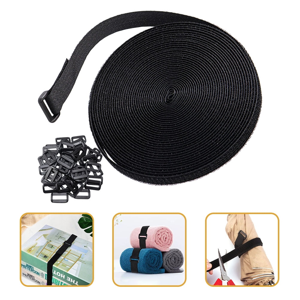 Tineasur 1Set Black Hook and Loop Securing Strap with Buckle for Cord and Wire Management
