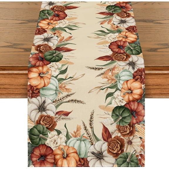 Pumpkins Leaves Wild Flowers Fall Table Runner, Seasonal Autumn Kitchen Dining Table Decoration for Home Party Decor 13x72 Inch