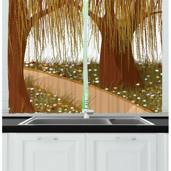 Ambesonne Willow Tree Kitchen Curtains, Cartoon Weeping Braches, 55"x39", Multicolor