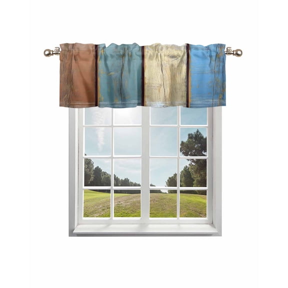 Blue Beige Board Curtain Valance for Windows/Living Room/Kitchen/Bathroom/Café, Short Rod Pocket Tier Curtain Window Treatment Panel Vintage Wood Grain Topper Curtain 54''x18''