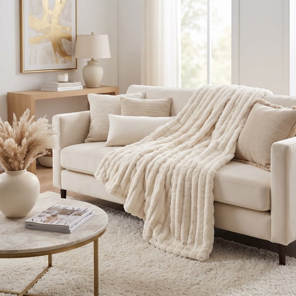 Regal Living Luxury Reversible Faux Fur Throw Blanket, Textured Stripe, White, 50" x 70''