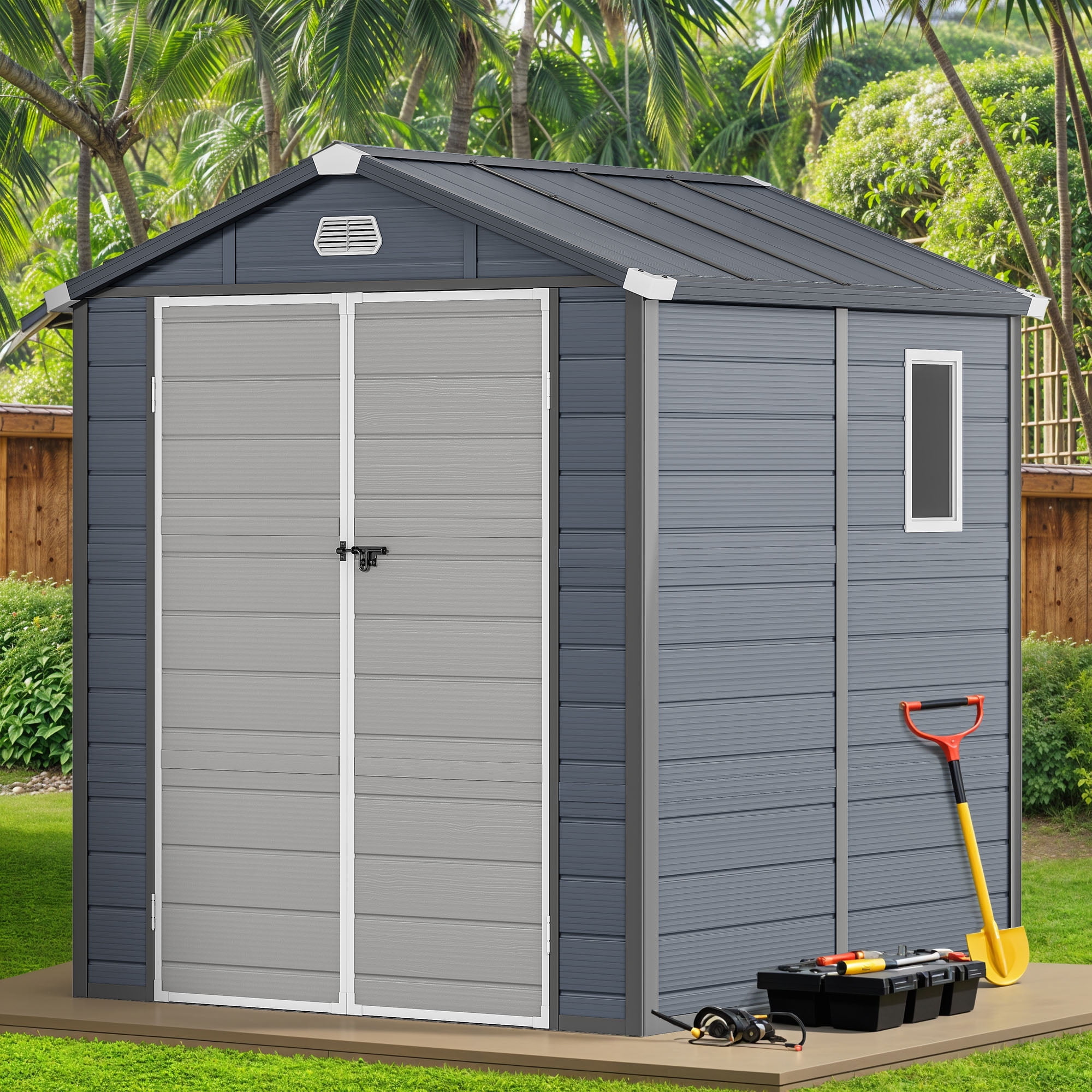 Uforic 6.3x6.2ft Outdoor Resin Storage Shed with Windows,Vents,and Secure Doors,All-Weather Plastic Storage Unit for Poolside,Lawn,Backyard,and Patio