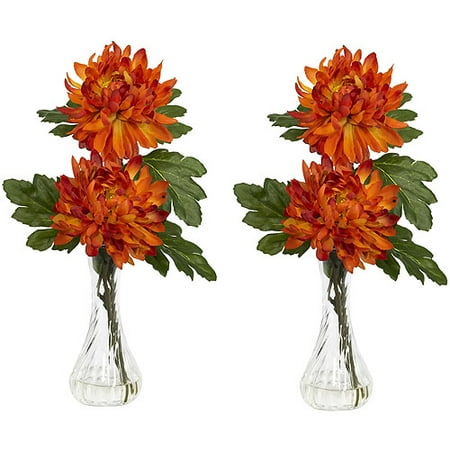 Mum Silk Flower Arrangement with Bud Vase, Orange, 2pc
