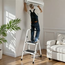 2 Step White Folding Step Stool (330LBS) - Anti-Slip Wide Pedal, Handrails & Lightweight for Kitchen, Household