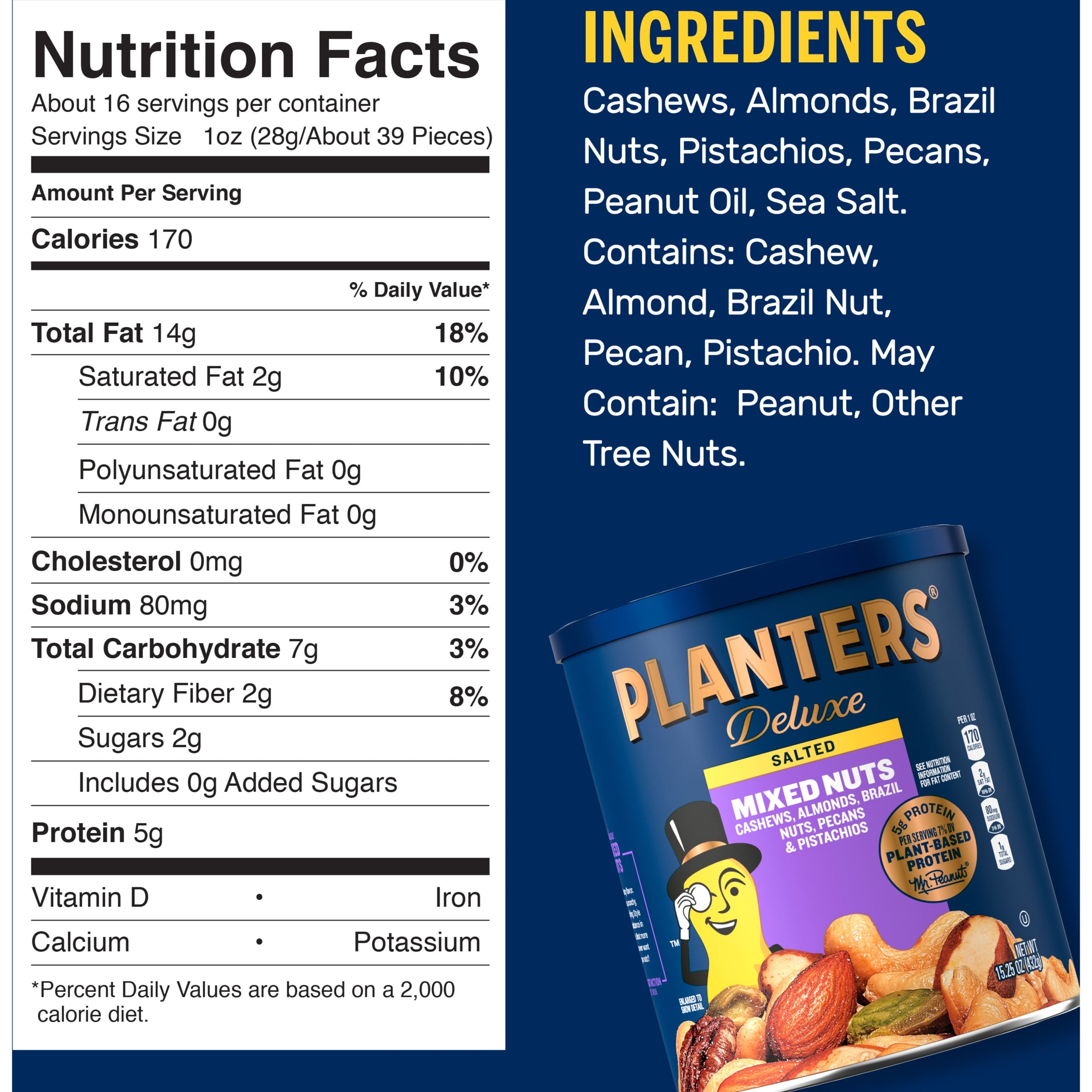(6 pack) Planters Deluxe Mixed Nuts, Plant Based Protein, 15.25 oz Canister