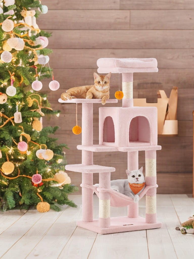 Feandrea 44.1' Cat Tree Tower for Indoor Cats ,Multi-Level Cat Condo Cat Furniture with Scratching Posts, Perches, Hammock, Cave ,Jelly Pink
