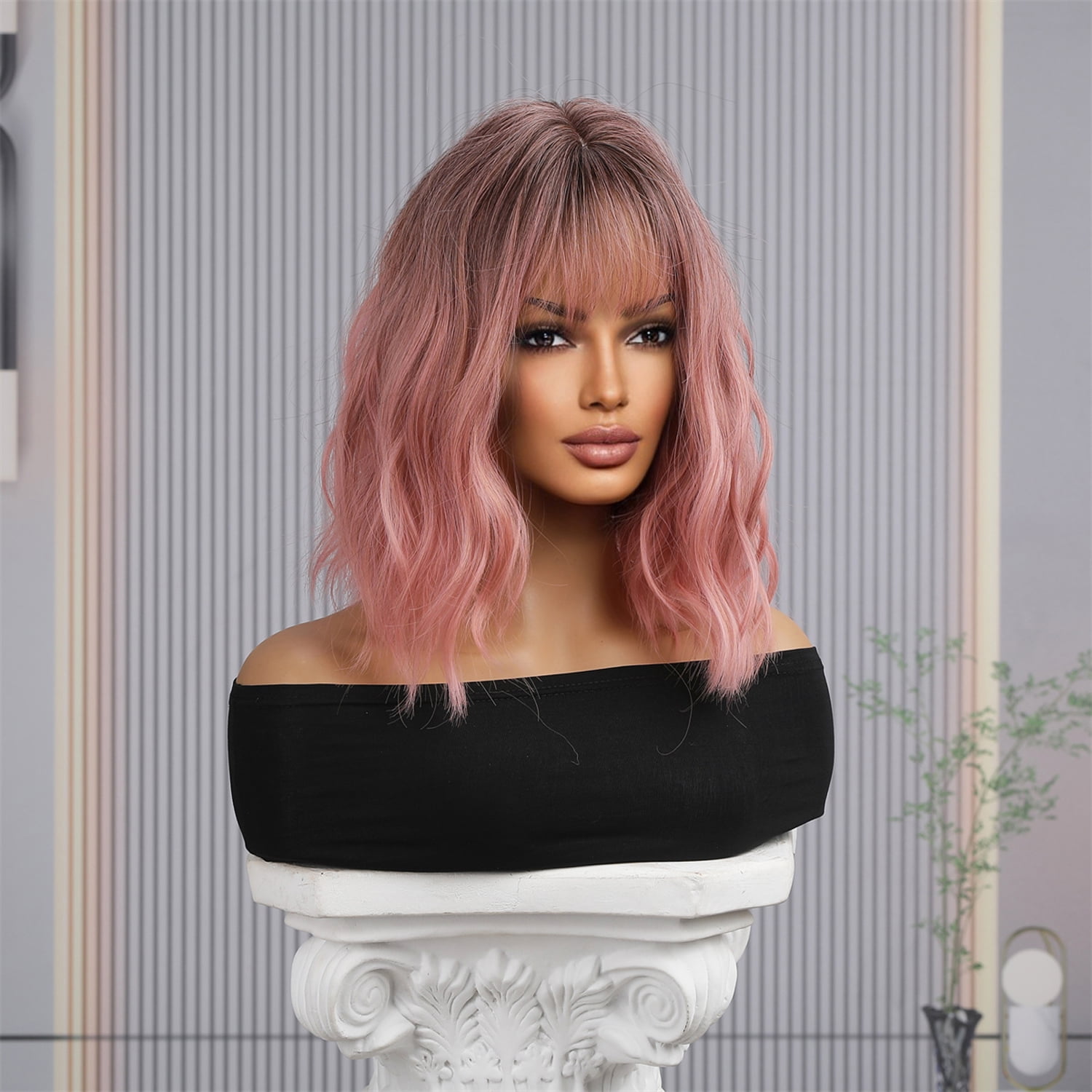 BERON Ombre Pink Short Curly Bob Wig for Women with Bangs Heat Resistant Synthetic Hair Wigs for Daily Use