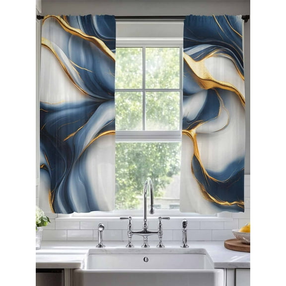 Navy Blue Marble Sheer Curtains for Living Room Bedroom Gold Modern Art Sheer Curtains 63 Inch Long 2 Panels Set Light Filtering Curtain Window Treatments Drapes for Dining Room