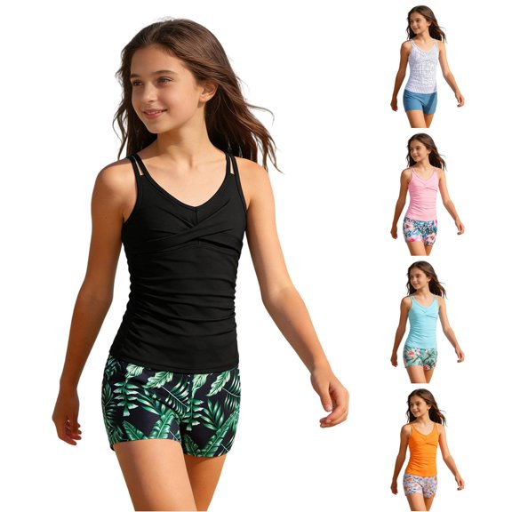 ZXLBBD Girls Bathing Suit 2 Piece Toddler Swimsuit Girl Kids Ruched Slim Fit Tankini Top and Shorts Lightweight Vacation Outfit Casual Outdoor Beach,Black,13 Y-14 Y