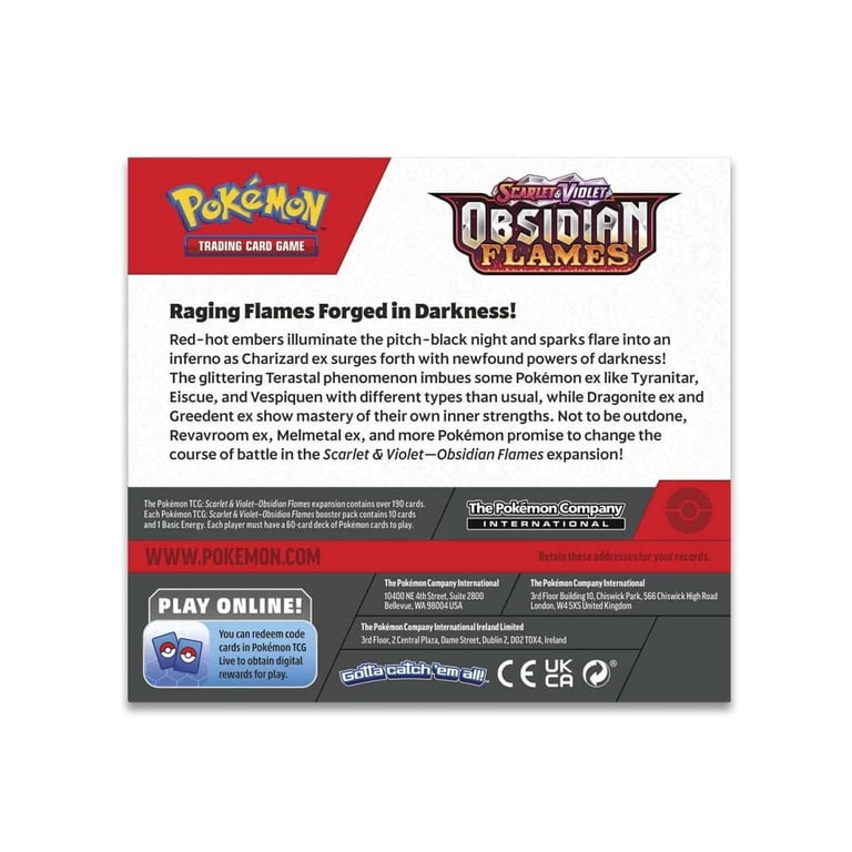 Pokemon Scarlet & Violet Obsidian Flames Booster Pack, 10 Cards, Charizard ex, Terastal Tyranitar - Walmart.com Pokemon Scarlet & Violet Obsidian Flames Booster Pack, 10 Cards, Charizard ex, Terastal Tyranitar - Walmart.com