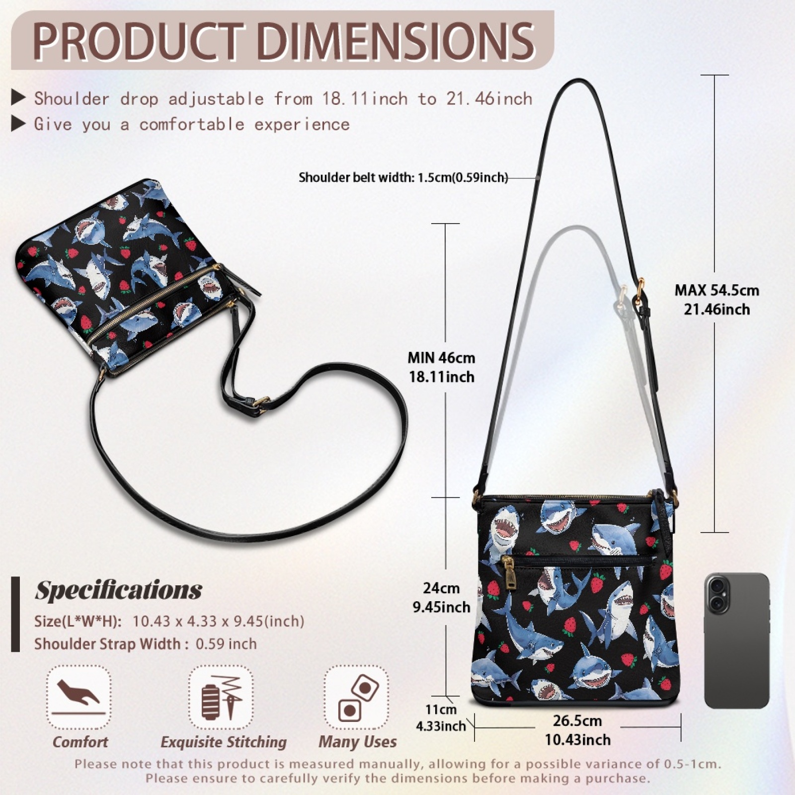 LedBack Shark Strawberry Print Leather Crossbody Satchel Purse Hobo Bag for Women, Sling Zipper Shoulder Handbag Messenger Bag with Adjustable Strap and Zipper Pocket, Black and Blue