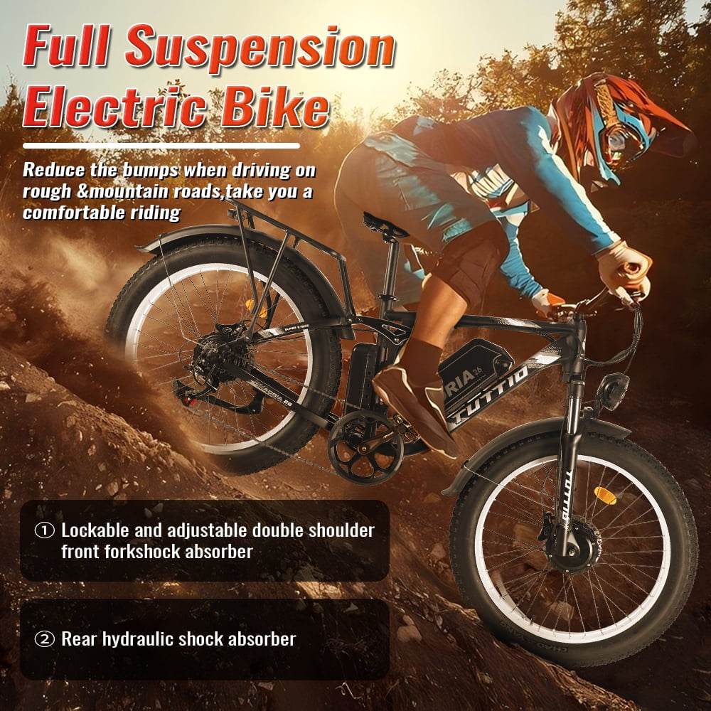 TUTTIO Adria26 Electric Mountain Bike for Adults Teen with Helmet, 5000W Men Off-Road Ebike, 26" Fat Tire Full Suspension Electric Bicycles, 7 Speed, 52V 30Ah Battery, Max 46Mph UL2849