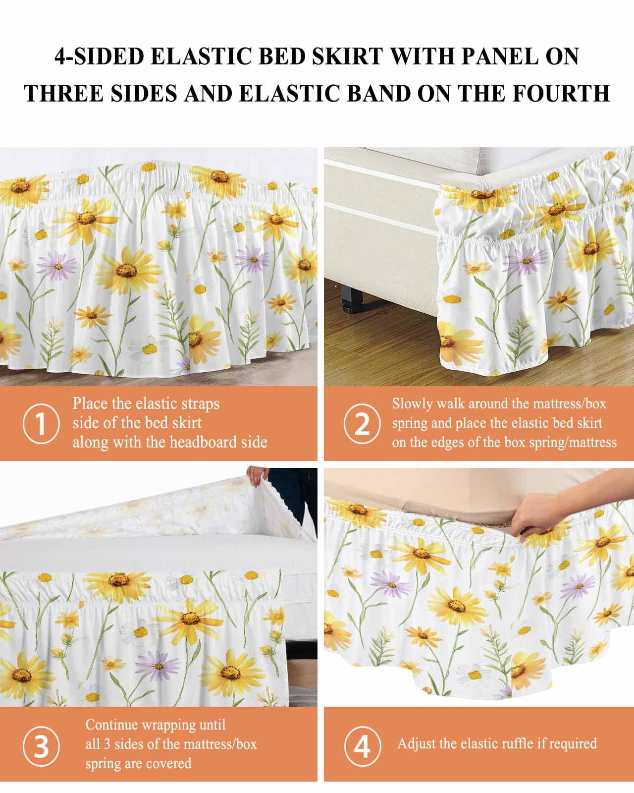 Yellow Daisy Flowers Leaf Bed Skirt King Size 18" Drop Simple Style Watercolor Nature Ruffled Wrap Around Bed Skirts Adjustable Elastic Bedskirt Dust Ruffle for King Size Bed