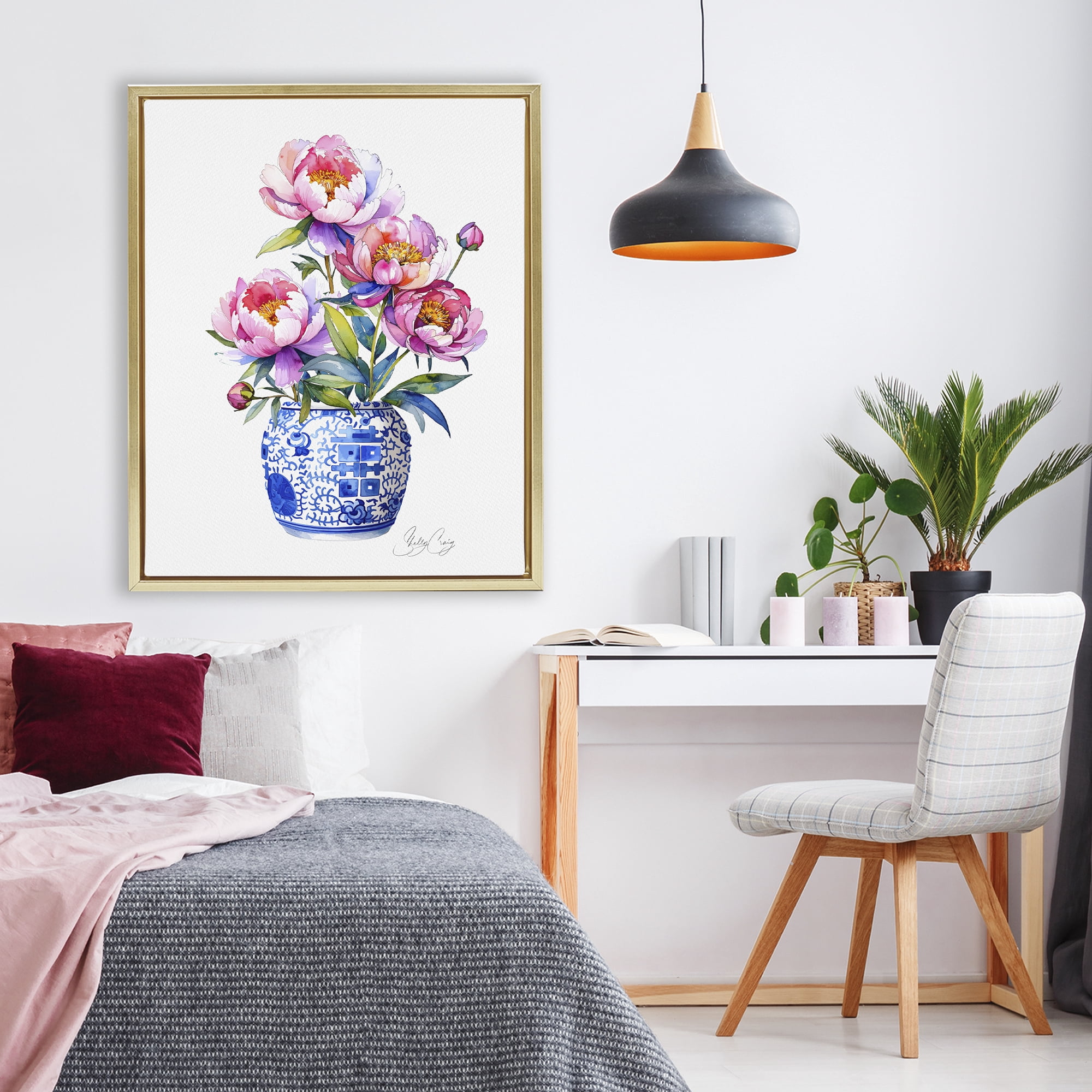 Stupell Industries Blue Dynasty Blooms Gold Framed Floater Canvas Wall Art, design by Shelly Craig