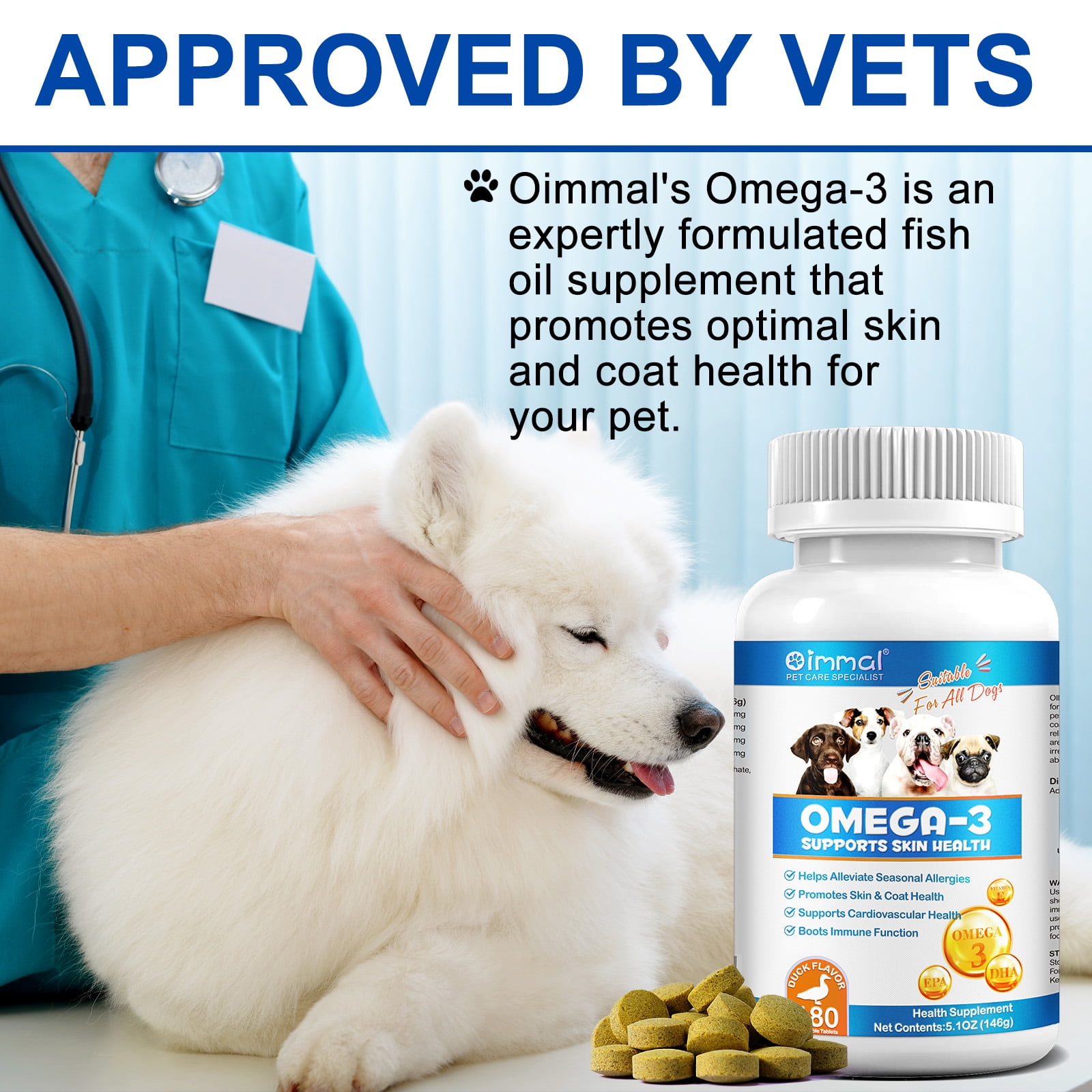 Oimmal Omega 3 for Dogs - Fish Oil for Dogs Skin and Coat - 180 Chewable Tablets - Omega 3 6 9, EPA & DHA and Vitamins Chewable for Dog Shedding, Dry Skin & Heart Support - 2Packs