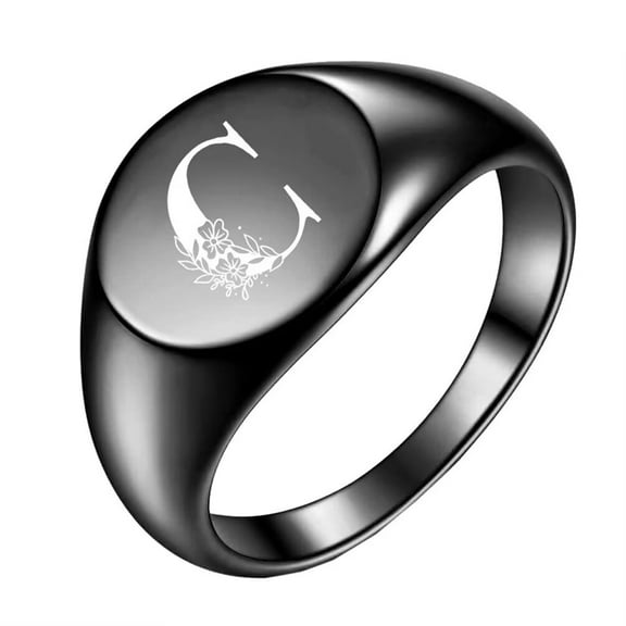 PAMTIER Stainless Steel High Polished Oval Flower Initial Alphabet A to Z Ring for Men Women Black C Size 9
