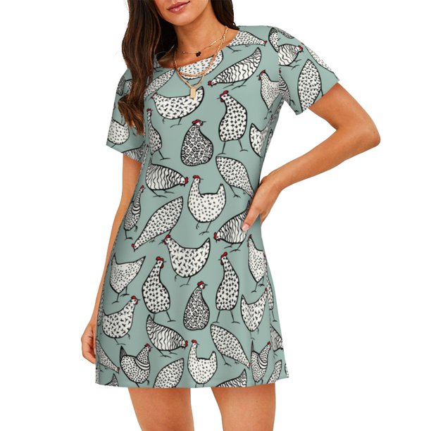 Fotbe Hand Drawn Chickens Bata de Dormir para Mujer con Estampado, Camisón de Algodón de Manga Corta, Ropa de Dormir Casual