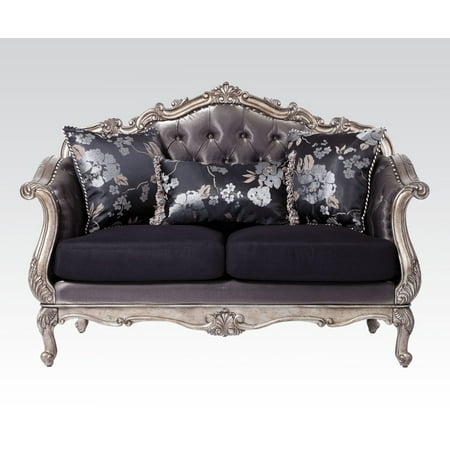 - 51541 Chantelle Loveseat with 3 Silk Like Pillows Tight Button Tufted Back Loose Cushion and Fabric Upholstery in Antique Platinum