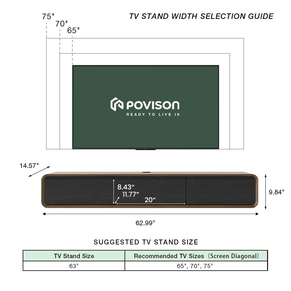 POVISON 63" Minimalist Floating TV Stand for up to 50",Fully Assembled Modern Wall-Mounted Media Console with 3 Flip-Down Cabinet Doors,Walnut & Black